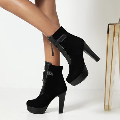 Women's Zipper Block High Heel Short Boots