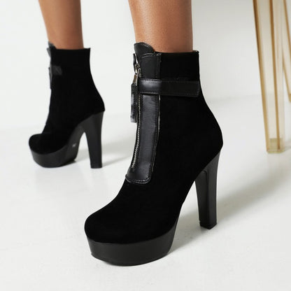 Women's Zipper Block High Heel Short Boots