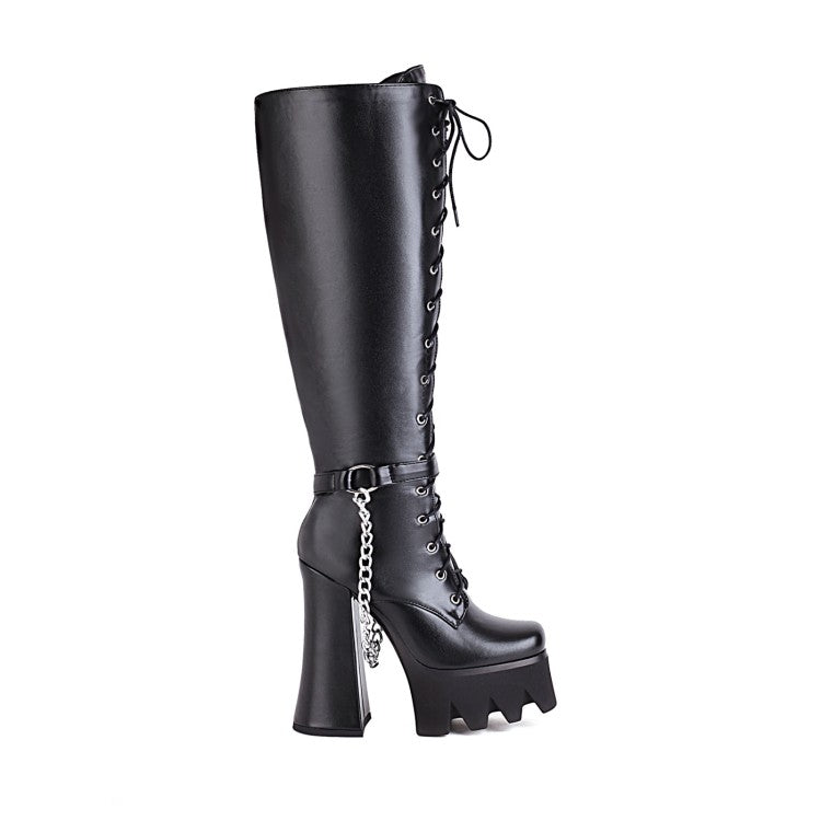 Women's Pu Leather Lace Up Belts Metal Chains Chunky Heel Platform Knee High Boots