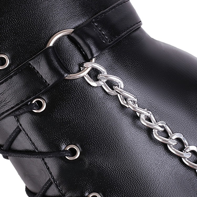 Women's Pu Leather Lace Up Belts Metal Chains Chunky Heel Platform Knee High Boots