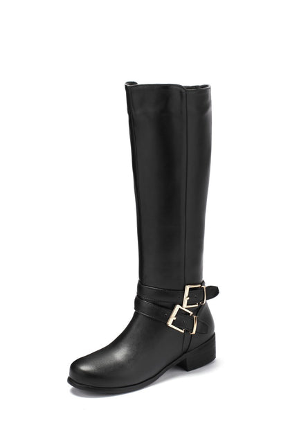 Women's Buckle Belt Low Heel Knee High Boots