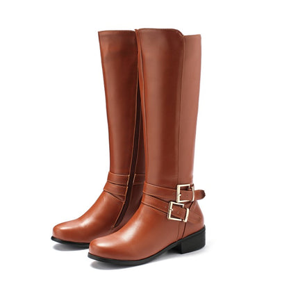 Women's Buckle Belt Low Heel Knee High Boots