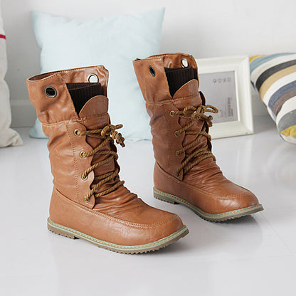 Women's Pu Leather Stitching Patchwork Lace Up Flat Short Boots