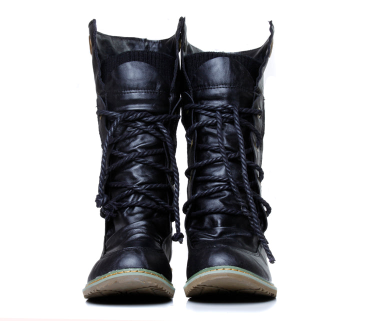 Women's Pu Leather Stitching Patchwork Lace Up Flat Short Boots