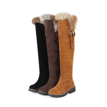 Women's Suede Stitching Patchwork Side Tied Fur Flat Knee High Boots