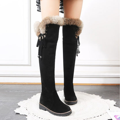 Women's Suede Stitching Patchwork Side Tied Fur Flat Knee High Boots