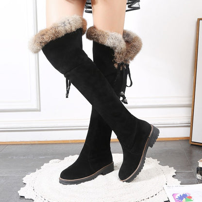 Women's Suede Stitching Patchwork Side Tied Fur Flat Knee High Boots