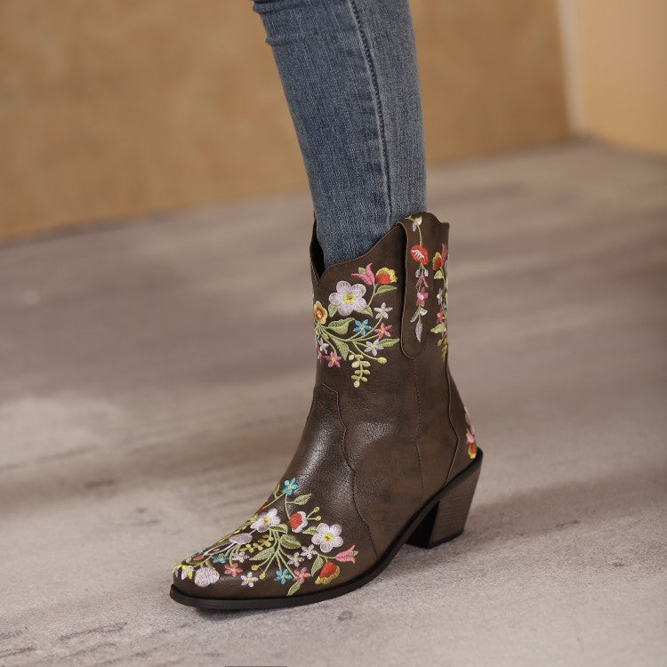 Women's Embroidery Floral Printing High Heel Mid Calf Boots