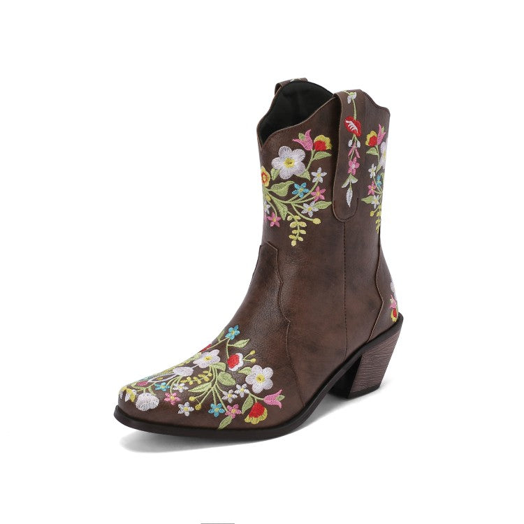 Women's Embroidery Floral Printing High Heel Mid Calf Boots