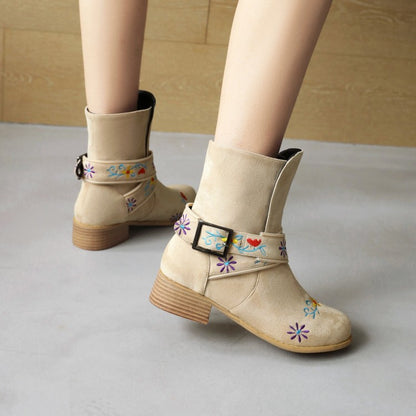 Women's Embroidery Printing Low Heel Mid Calf Boots