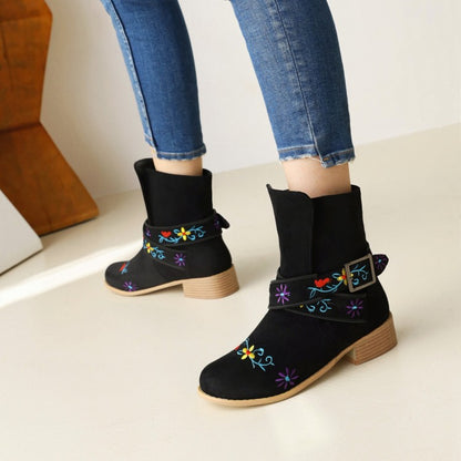 Women's Embroidery Printing Low Heel Mid Calf Boots