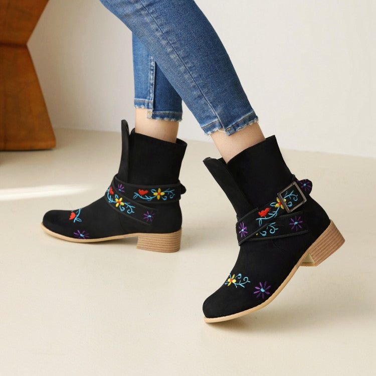 Women's Embroidery Printing Low Heel Mid Calf Boots