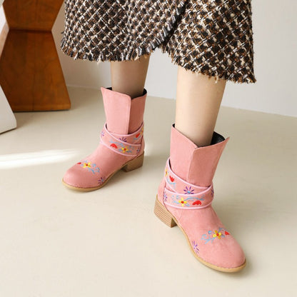 Women's Embroidery Printing Low Heel Mid Calf Boots