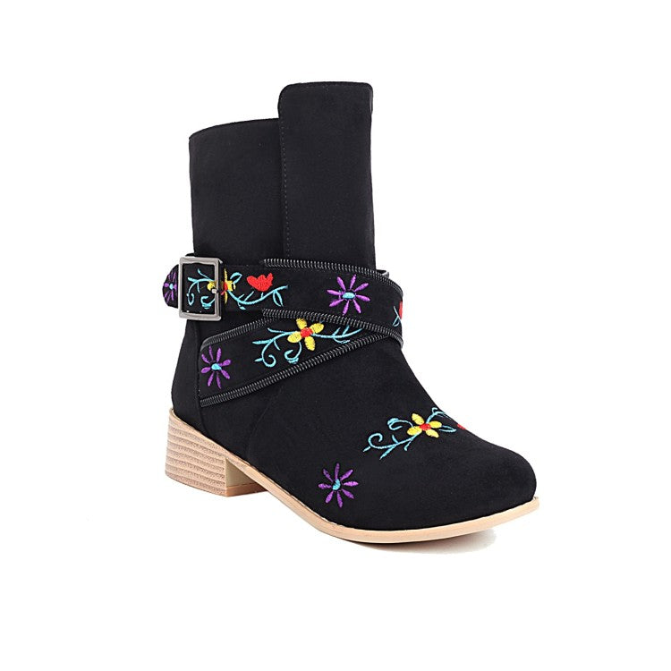 Women's Embroidery Printing Low Heel Mid Calf Boots