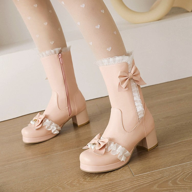 Women's Lace Bow Tie Pearls Block Chunky Heel Mid-Calf Boots