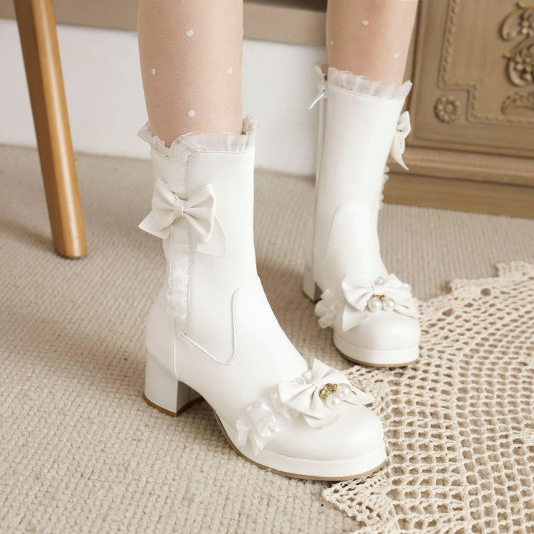 Women's Lace Bow Tie Pearls Block Chunky Heel Mid-Calf Boots