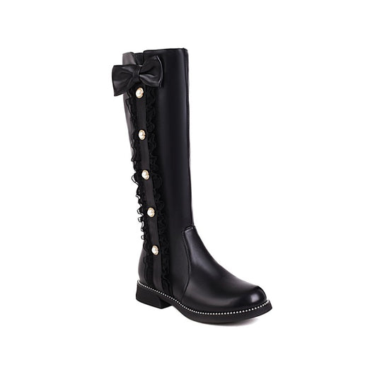 Women's Buttons Bow Tie Knee High Side Zippers Knee High Boots