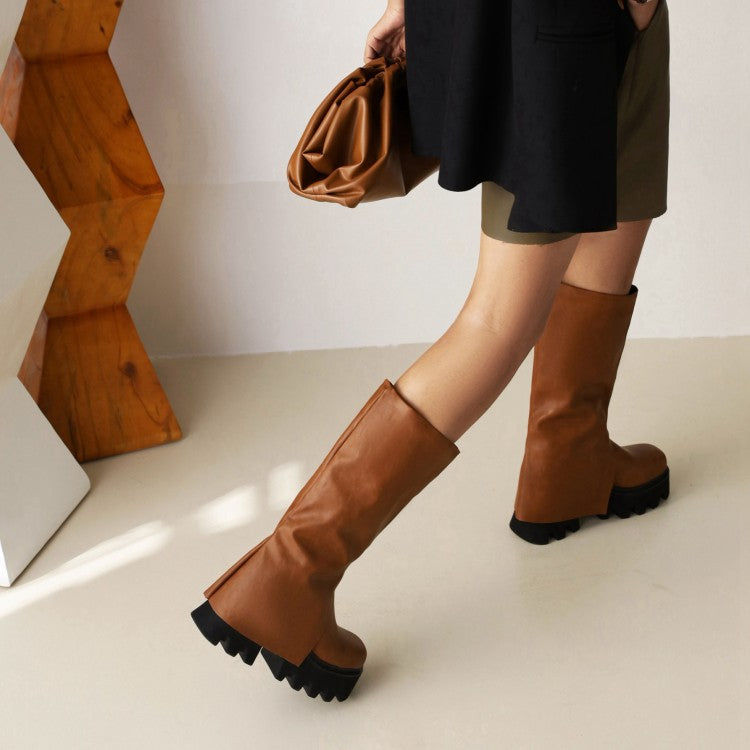 Women's Pu Leather Round Toe Fold Block Heel Platform Knee High Boots