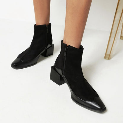 Women's Pu Leather Patchwork Block Heel Short Boots