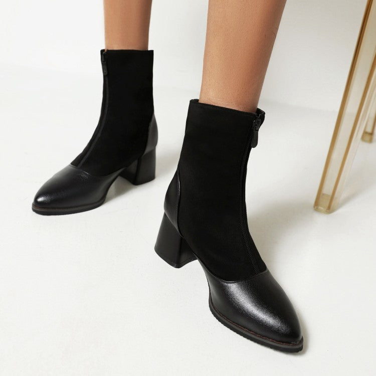 Women's Bicolor Pu Leather Zippers Block Heel Short Boots