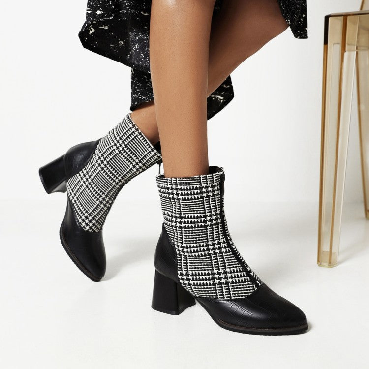 Women's Bicolor Pu Leather Zippers Block Heel Short Boots