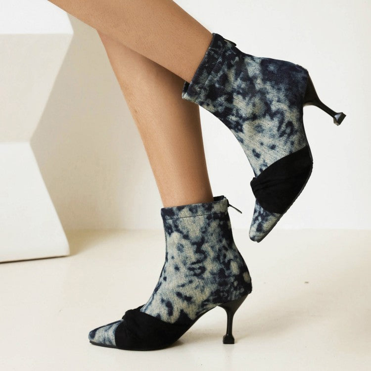 Women's Tie Dye Print Pointed Toe Back Zippers Stiletto Heel Short Boots