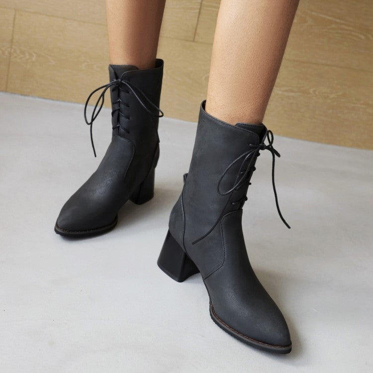 Women's Pu Leather Pointed Toe Lace Up Chunky Heel Short Boots