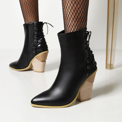 Women's Pointed Toe Patchwork Back Lace Up Block Heel Short Boots