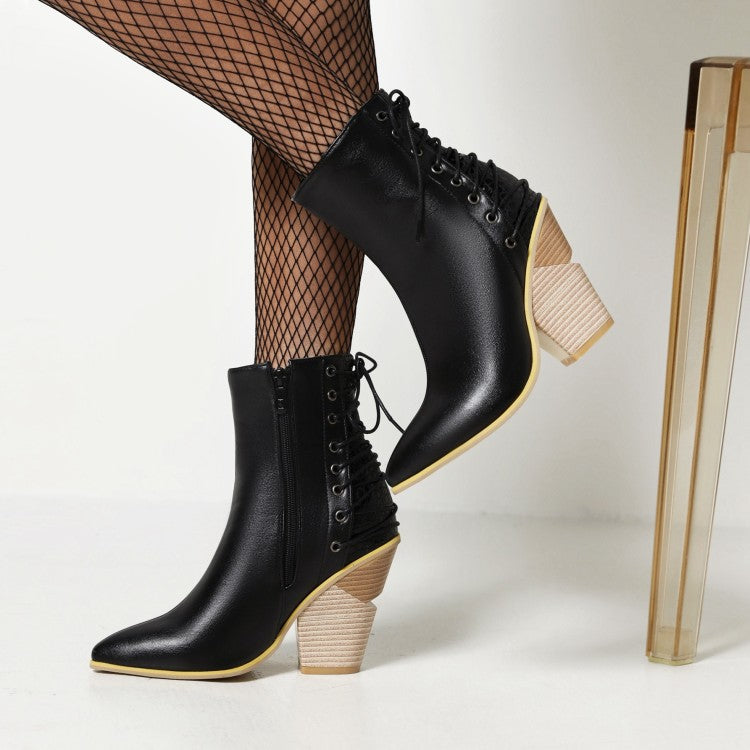 Women's Pointed Toe Patchwork Back Lace Up Block Heel Short Boots