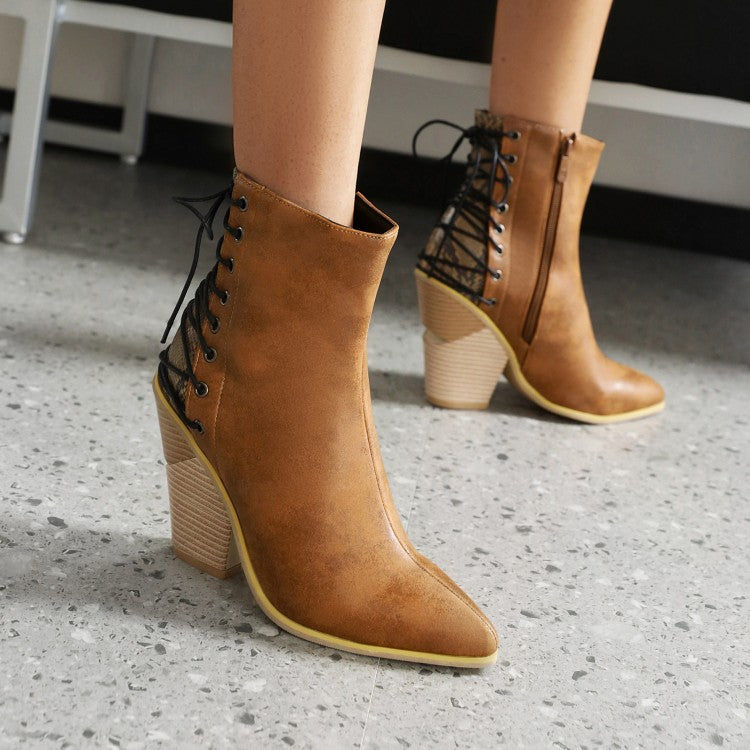 Women's Pointed Toe Patchwork Back Lace Up Block Heel Short Boots