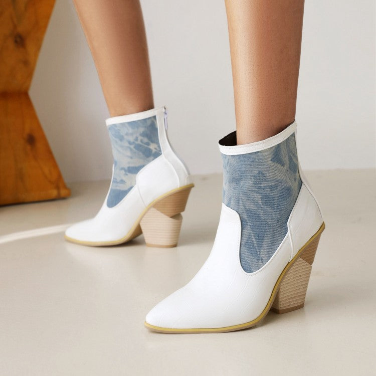 Women's Pointed Toe Patchwork Block Heel Back Zippers Short Boots