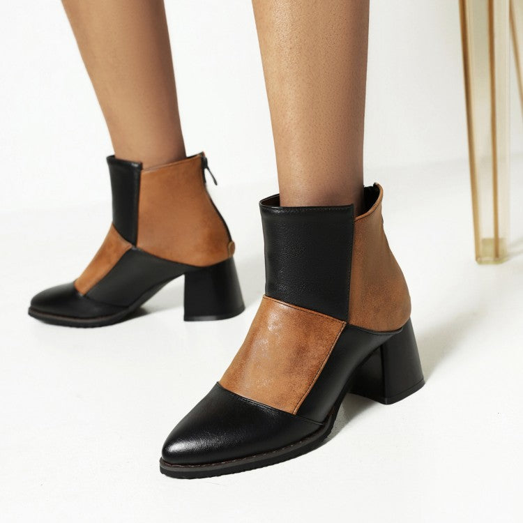 Women's Lattice Pu Leather Patchwork Chunky Heel Short Boots