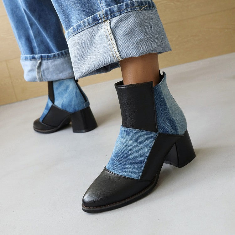 Women's Lattice Pu Leather Patchwork Chunky Heel Short Boots