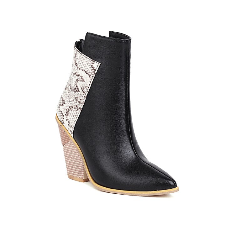 Women's Pu Leather Pointed Toe Block Heel Short Boots