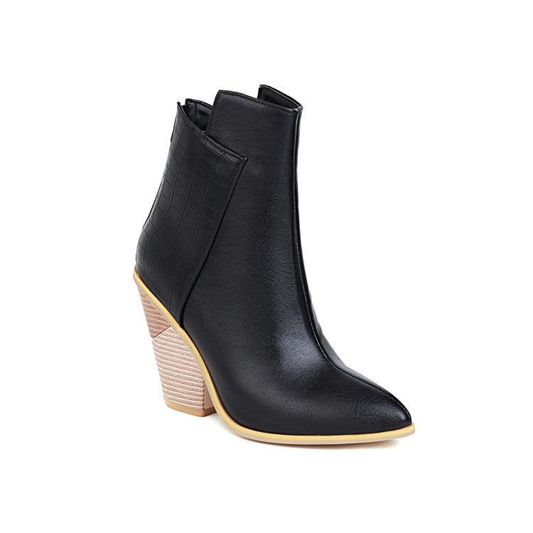 Women's Pu Leather Pointed Toe Block Heel Short Boots