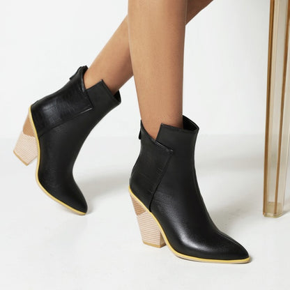 Women's Pu Leather Pointed Toe Block Heel Short Boots