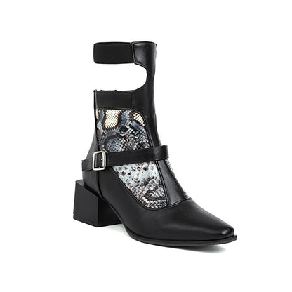 Women's Patchwork Buckle Straps Cutout Low Heel Short Boots