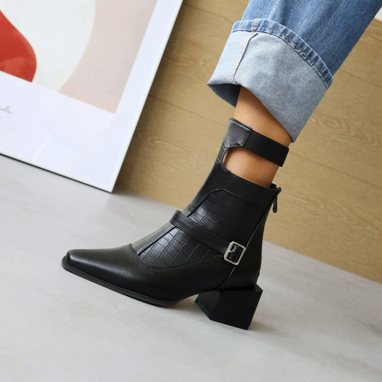Women's Patchwork Buckle Straps Cutout Low Heel Short Boots