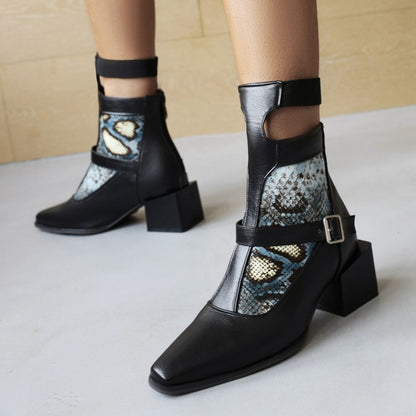 Women's Patchwork Buckle Straps Cutout Low Heel Short Boots