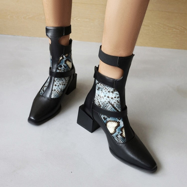 Women's Patchwork Buckle Straps Cutout Low Heel Short Boots