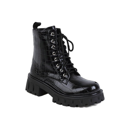 Women's Crocodile Pattern Glossy Square Toe Lace Up Short Boots