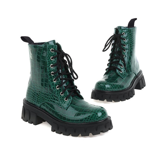 Women's Crocodile Pattern Glossy Square Toe Lace Up Short Boots
