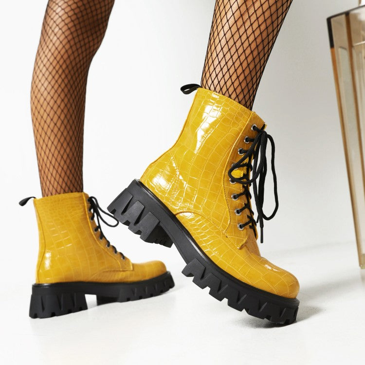 Women's Crocodile Pattern Glossy Square Toe Lace Up Short Boots