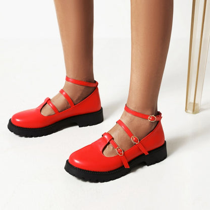 Women's Pumps Retro Round Toe T Strap Buckles Belts Puppy Heel Platform Chunky Heels Shoes