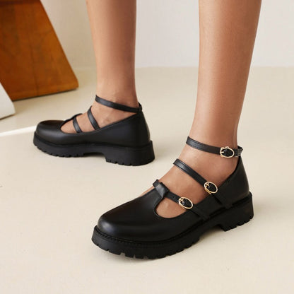 Women's Pumps Retro Round Toe T Strap Buckles Belts Puppy Heel Platform Chunky Heels Shoes