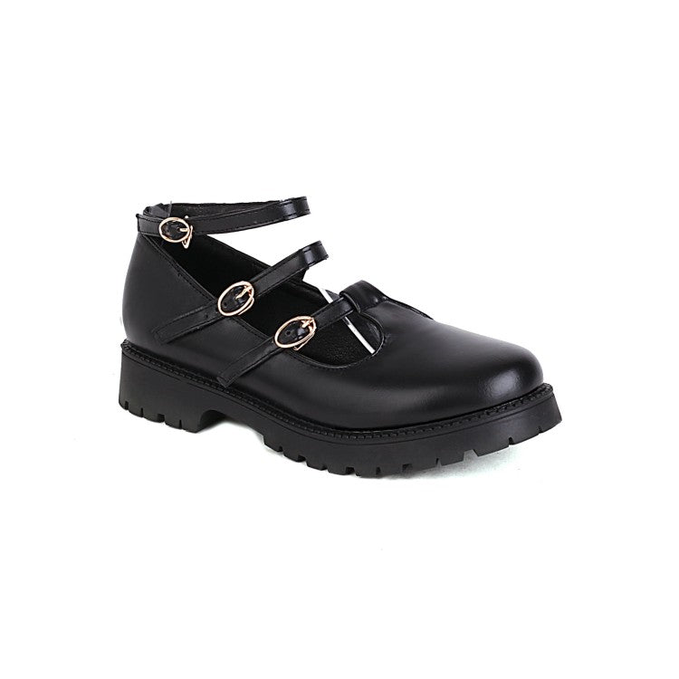 Women's Pumps Retro Round Toe T Strap Buckles Belts Puppy Heel Platform Chunky Heels Shoes