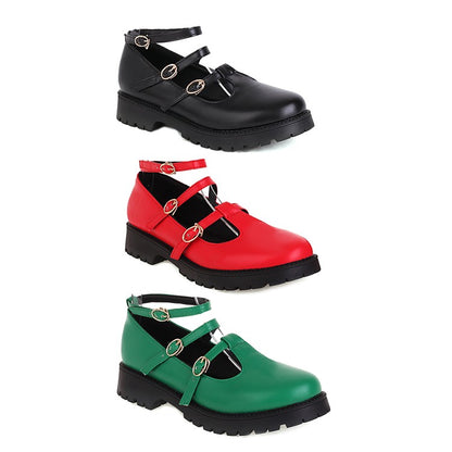 Women's Pumps Retro Round Toe T Strap Buckles Belts Puppy Heel Platform Chunky Heels Shoes