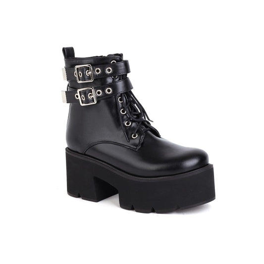 Women's Glossy Round Toe Tied Belts Buckles Belts Block Heel Platform Short Boots