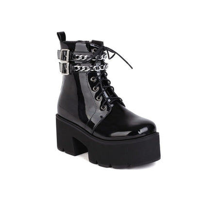 Women's Square Toe Tied Belts Metal Chains Buckles Block Heel Platform Short Boots