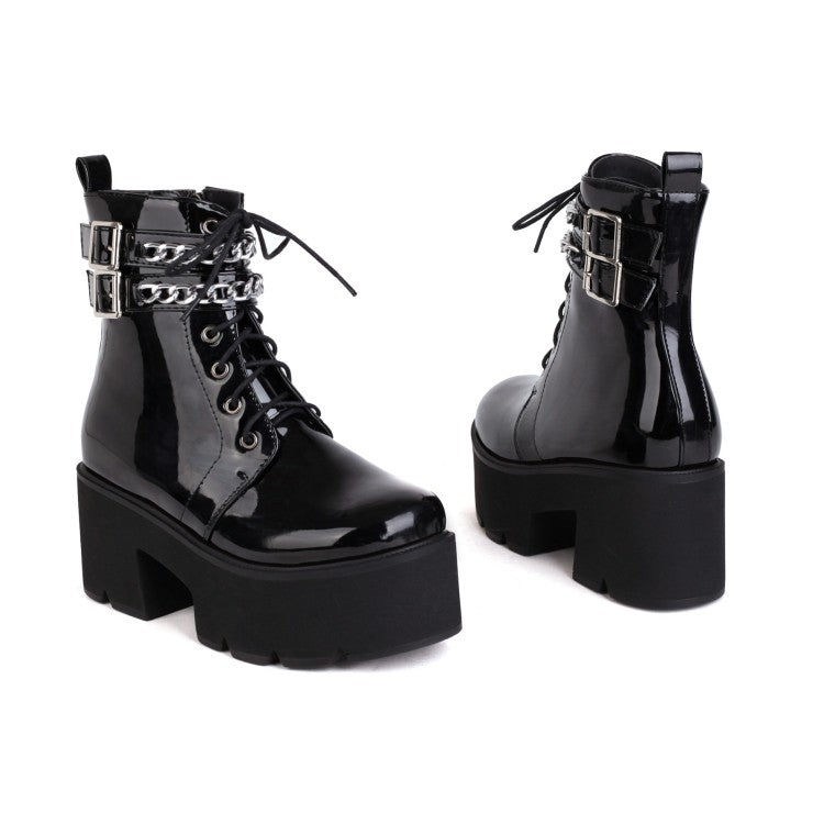 Women's Square Toe Tied Belts Metal Chains Buckles Block Heel Platform Short Boots